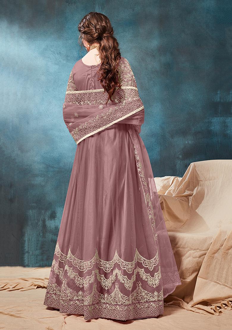 Onion Pink Embroidered Net Anarkali Set With Dupatta