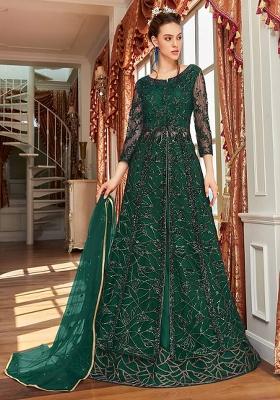 Dark Green Embroidered Net Anarkali Set With Dupatta
