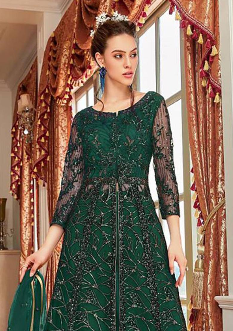 Dark Green Embroidered Net Anarkali Set With Dupatta