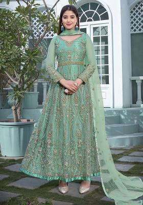 Sea Green Embroidered Net Anarkali Set With Dupatta