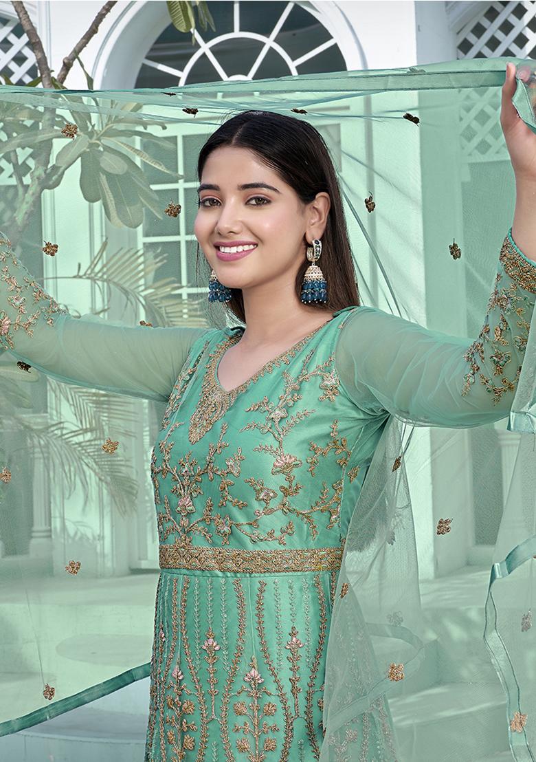 Sea Green Embroidered Net Anarkali Set With Dupatta