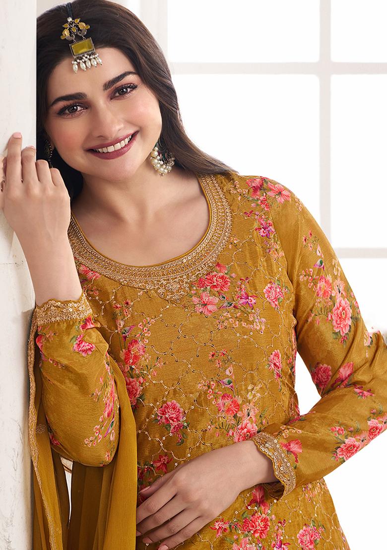 Mustard Yellow Embroidered Silk Sharara Set With Dupatta