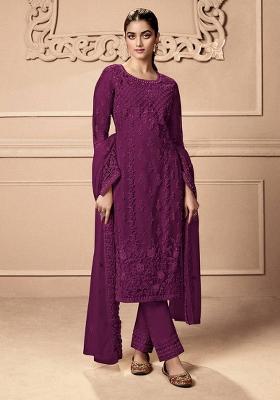 Purple Embroidered Net Salwar Kameez With Dupatta