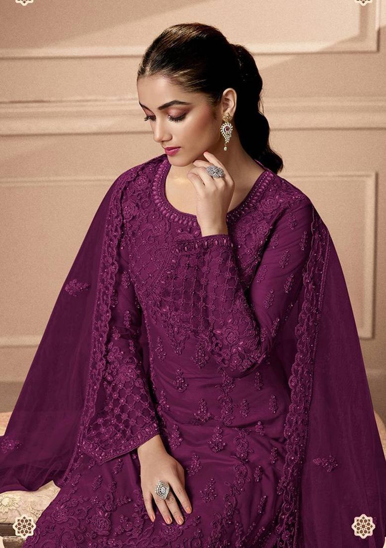 Purple Embroidered Net Salwar Kameez With Dupatta