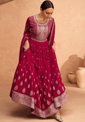 Magenta Embroidered Georgette Anarkali Set With Dupatta