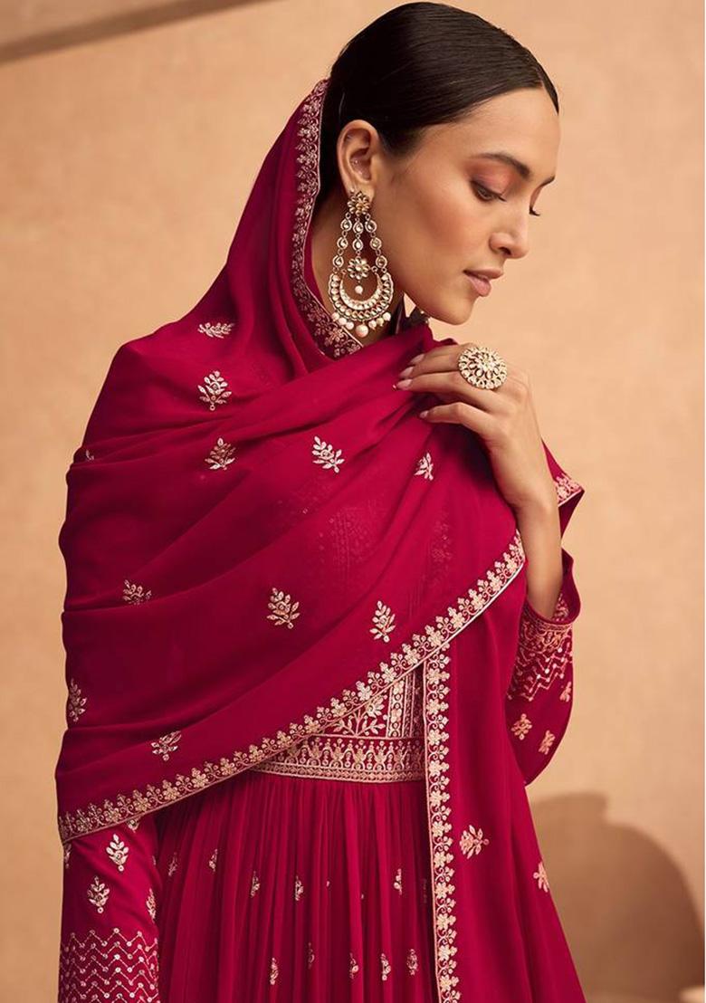 Magenta Embroidered Georgette Anarkali Set With Dupatta