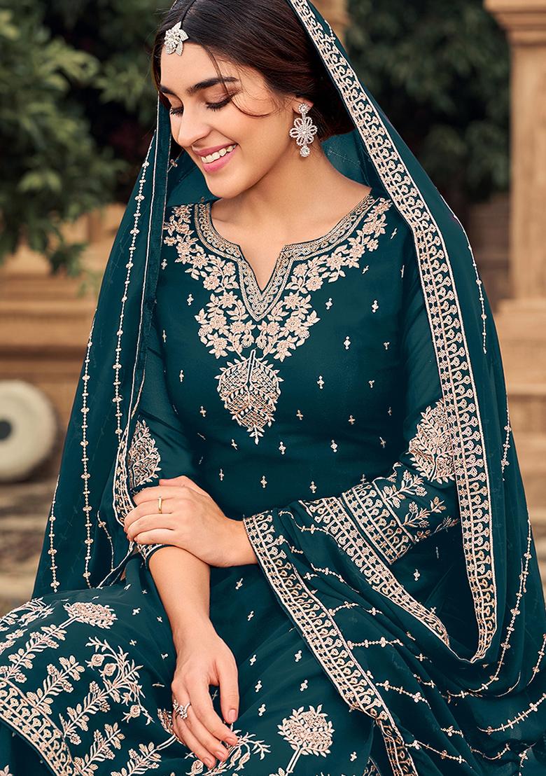 Teal Blue Embroidered Georgette Sharara Set With Dupatta