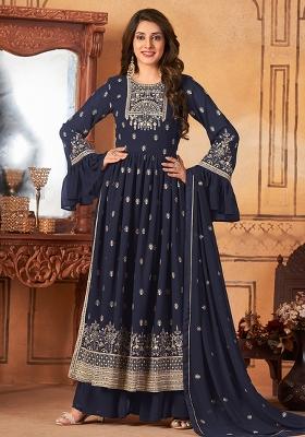 Purple Embroidered Georgette Plazzo Set With Dupatta