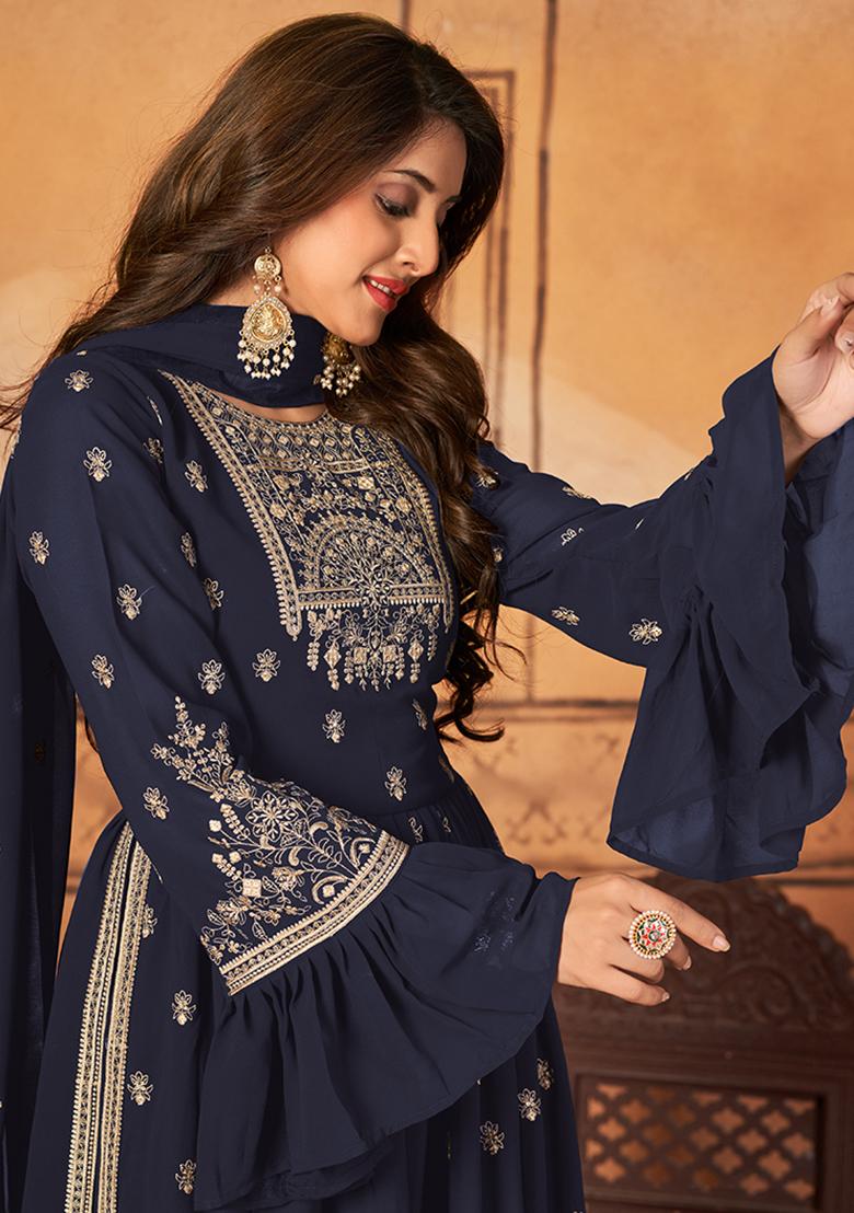 Purple Embroidered Georgette Plazzo Set With Dupatta