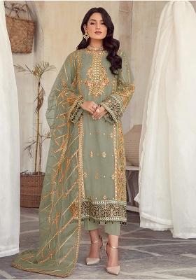 Beige Embroidered Organza Pakistani Plazzo Set With Dupatta