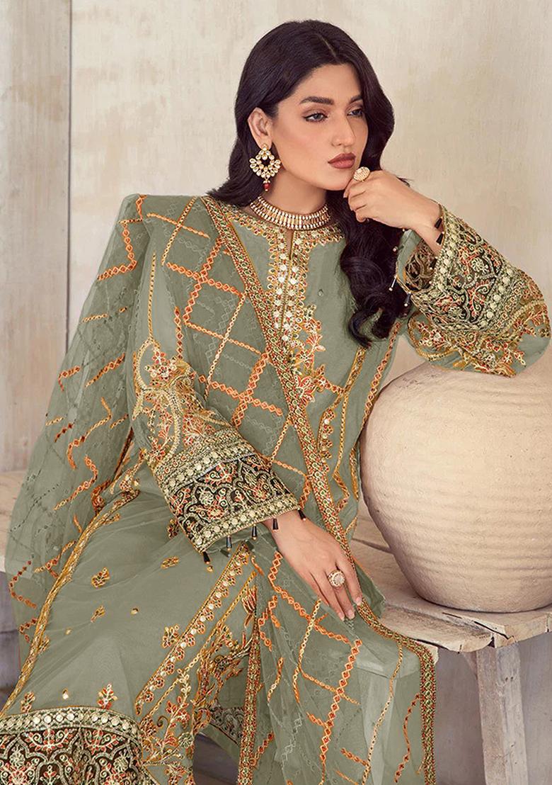 Beige Embroidered Organza Pakistani Plazzo Set With Dupatta