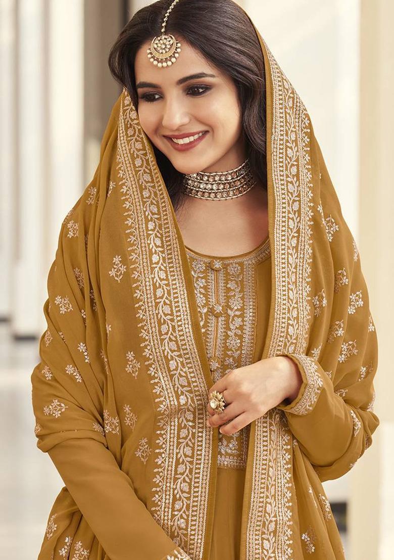 Mustard Yellow Embroidered Georgette Anarkali Set With Dupatta