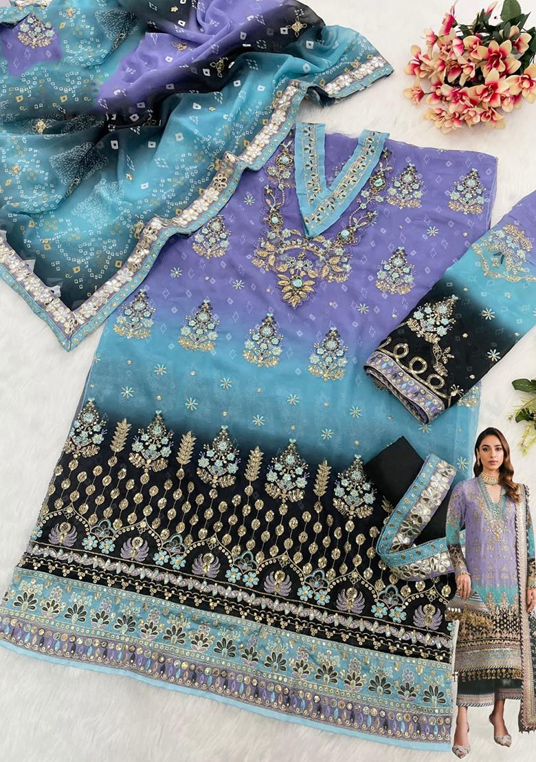 Lavender Embroidered Georgette Pakistani Plazzo Set With Dupatta