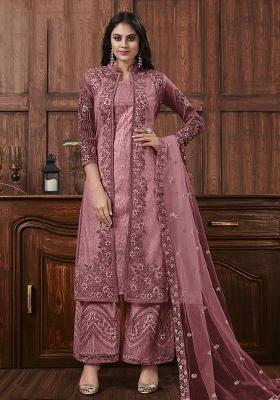 Mauve Embroidered Net Plazzo Set With Dupatta