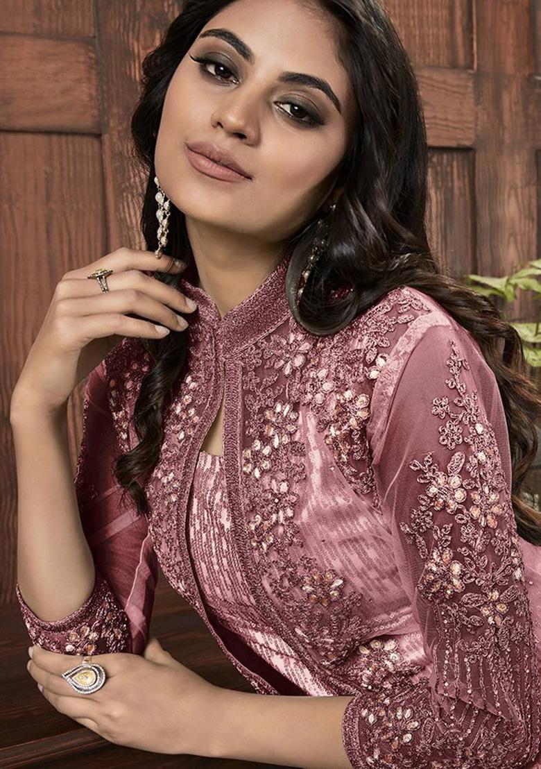 Mauve Embroidered Net Plazzo Set With Dupatta