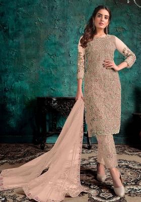Beige Embroidered Net Pakistani Plazzo Set With Dupatta