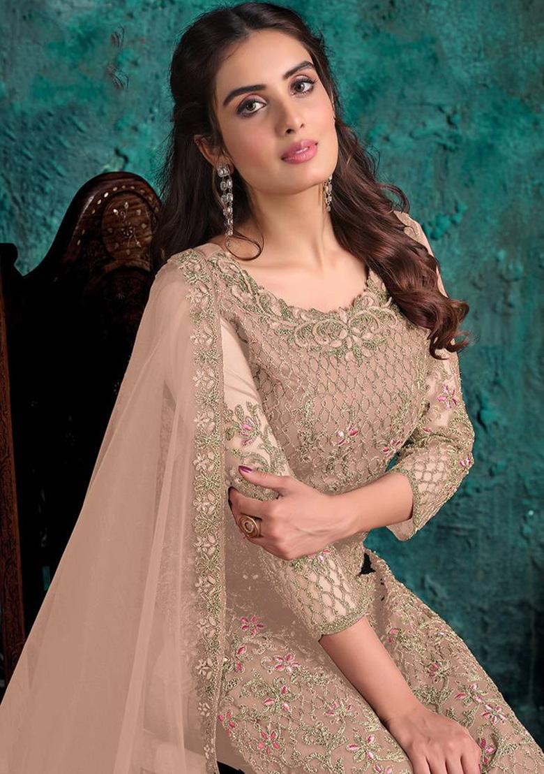 Beige Embroidered Net Pakistani Plazzo Set With Dupatta