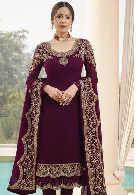 Wine Embroidered Georgette Salwar Kameez With Dupatta