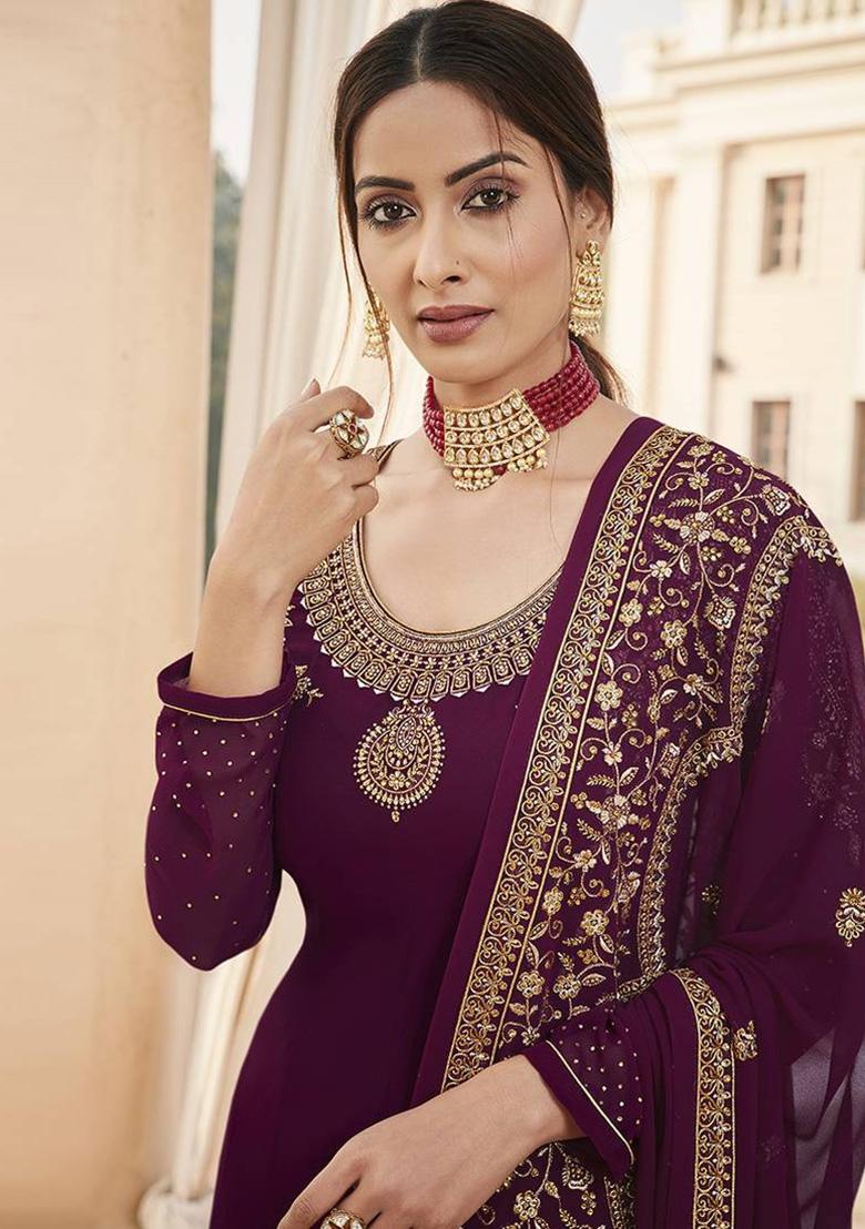 Wine Embroidered Georgette Salwar Kameez With Dupatta
