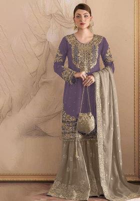 Purple Embroidered Georgette Pakistani Plazzo Set With Dupatta