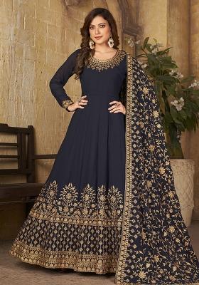 Navy Blue Embroidered Georgette Anarkali Set With Dupatta