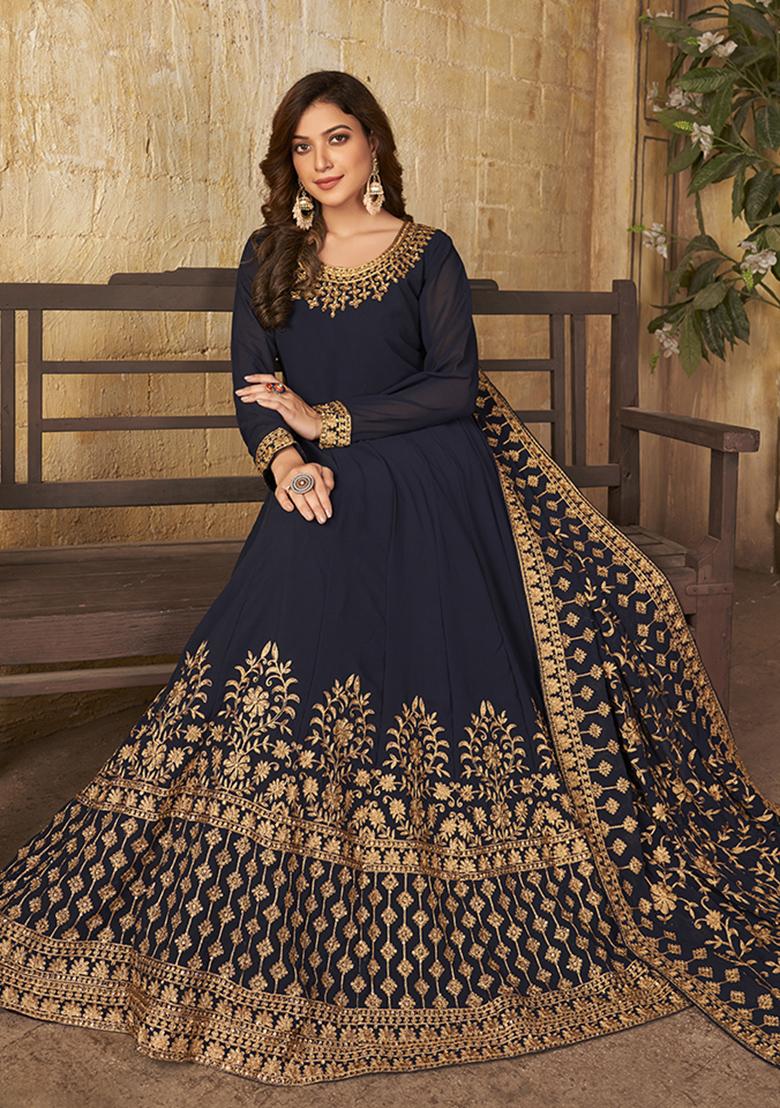 Navy Blue Embroidered Georgette Anarkali Set With Dupatta
