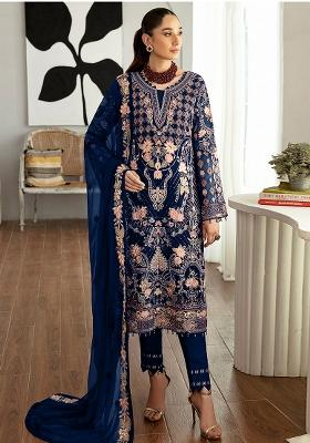 Navy Blue Embroidered Georgette Pakistani Plazzo Set With Dupatta