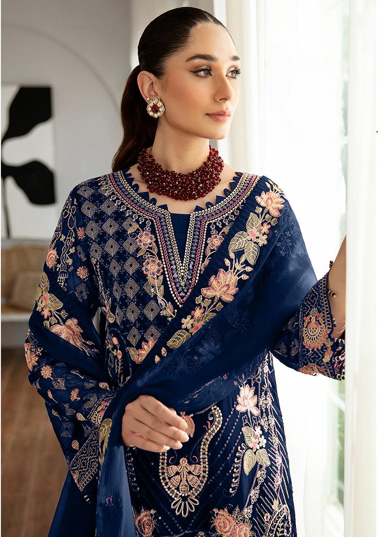 Navy Blue Embroidered Georgette Pakistani Plazzo Set With Dupatta