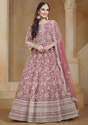 Pink Embroidered Net Dress Material
