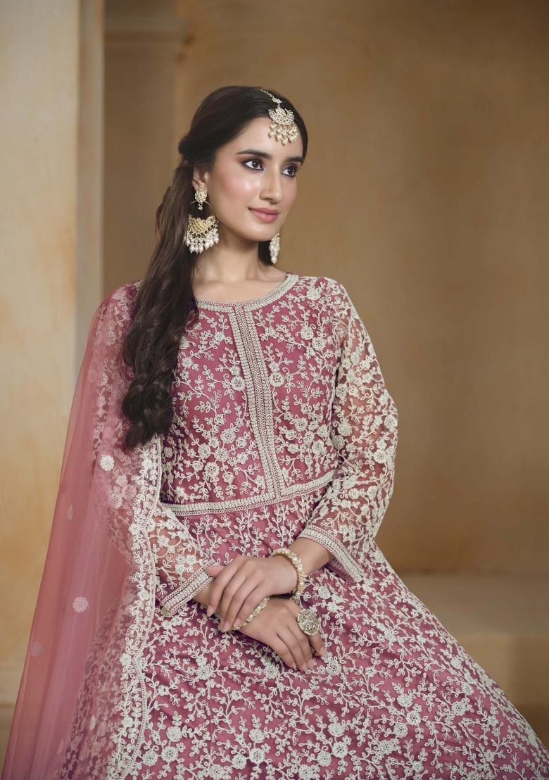 Pink Embroidered Net Dress Material