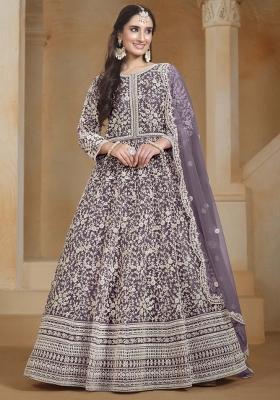 Purple Embroidered Net Dress Material