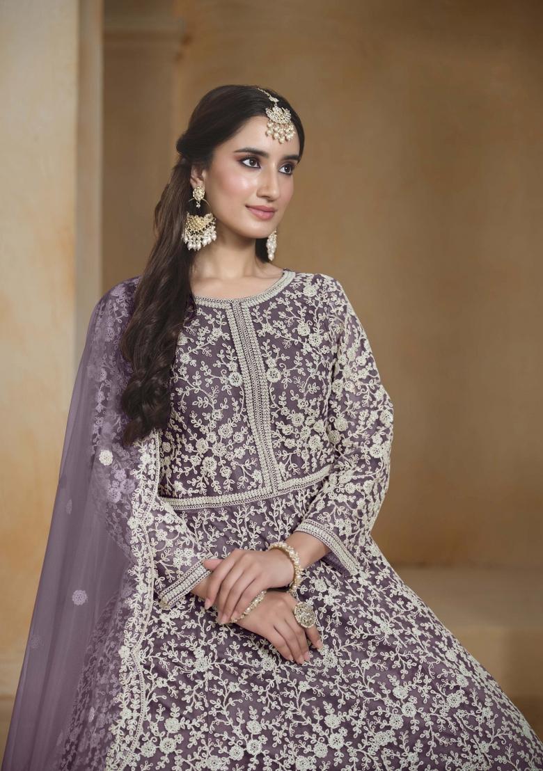 Purple Embroidered Net Dress Material