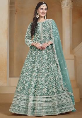 Teal Green Embroidered Net Dress Material