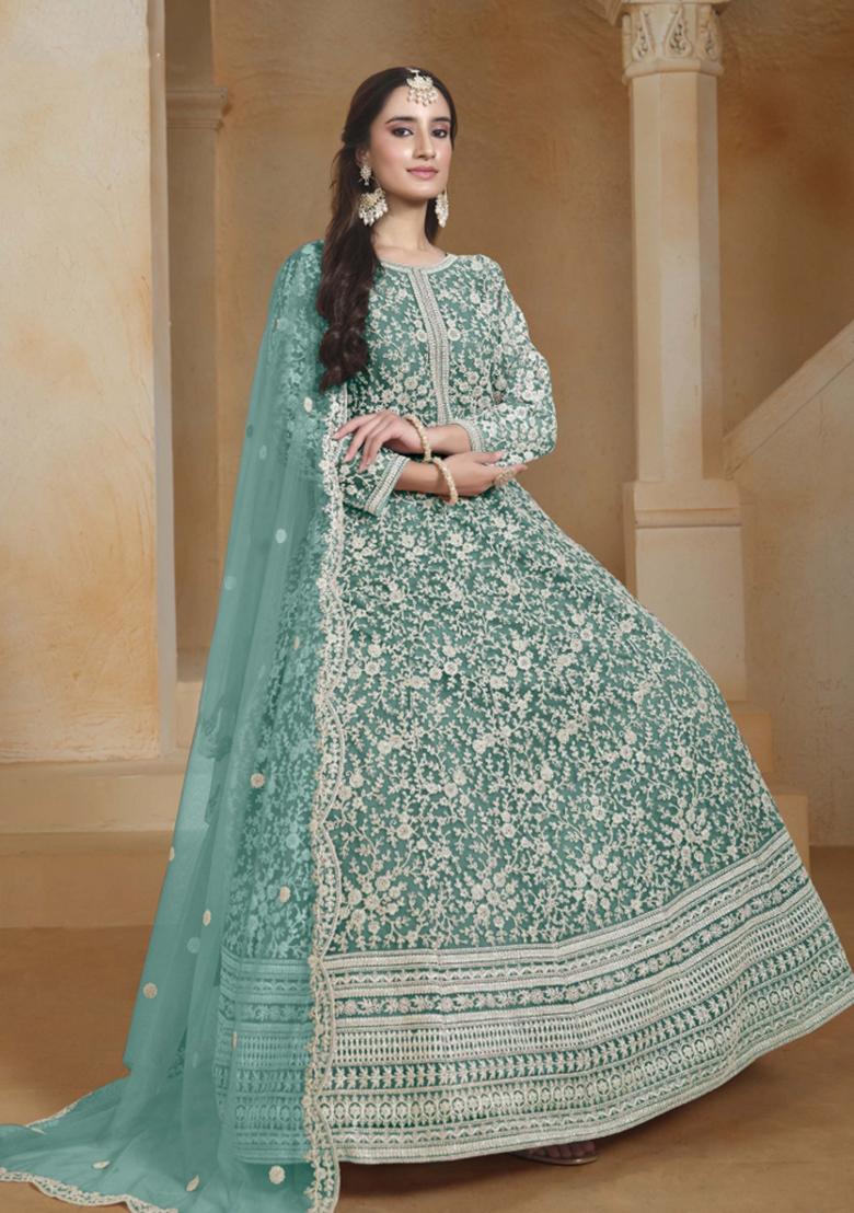 Teal Green Embroidered Net Dress Material