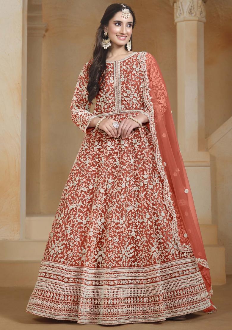 Dark Orange Embroidered Net Dress Material