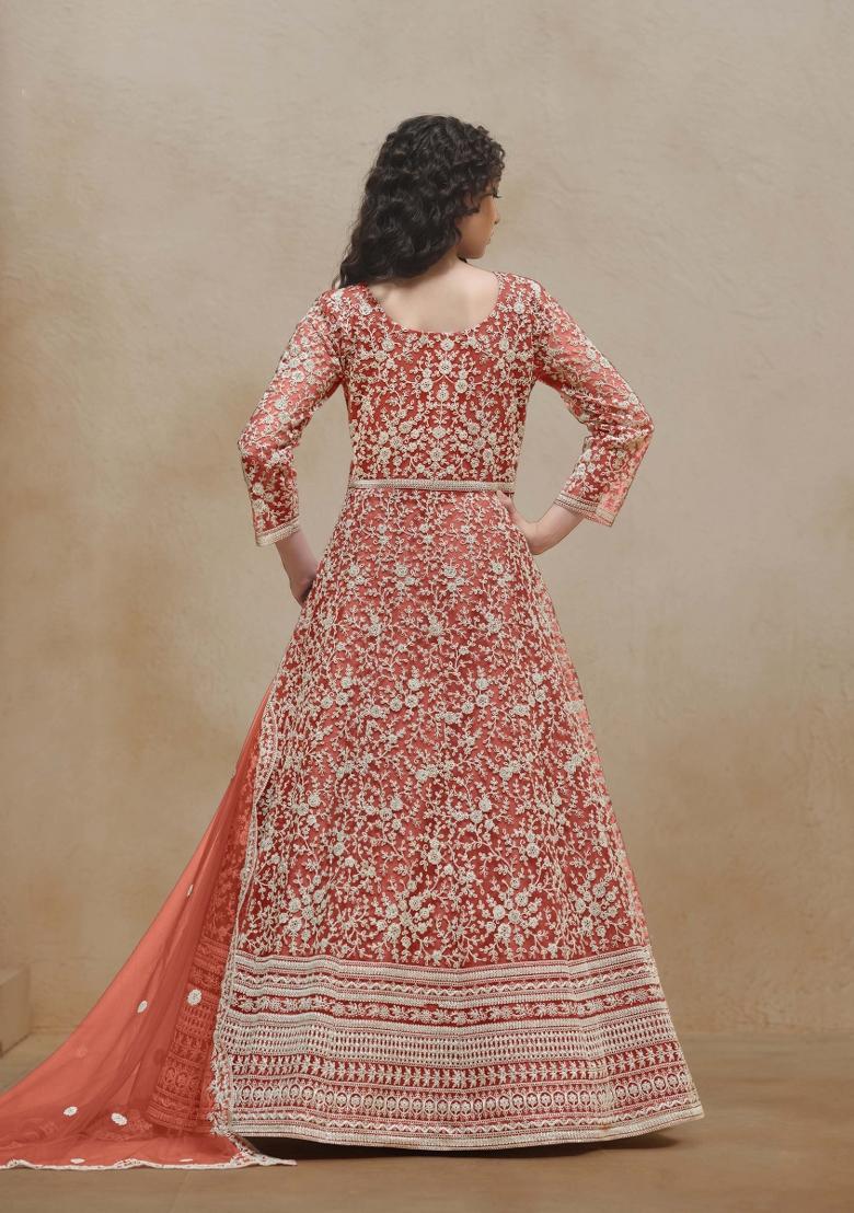 Dark Orange Embroidered Net Dress Material