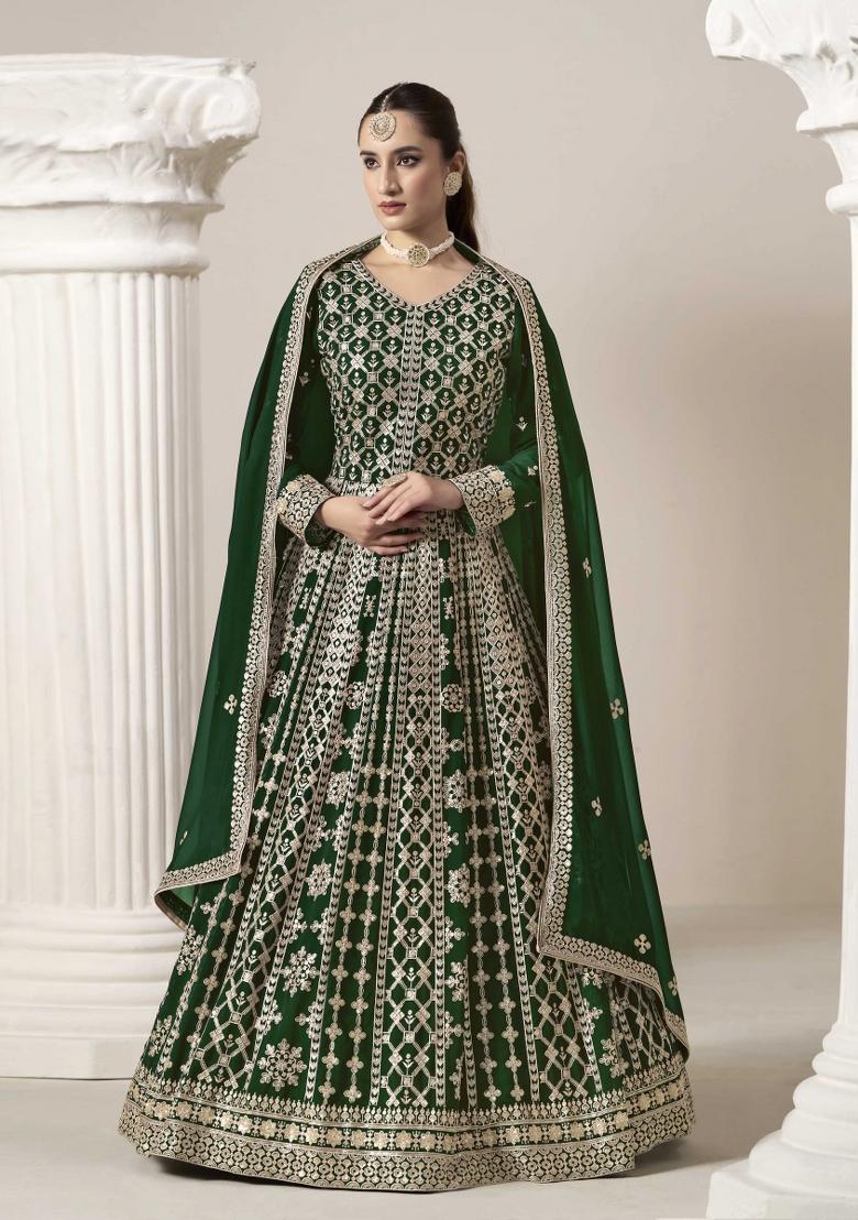 Green Sequins Work Georgette Dress Material