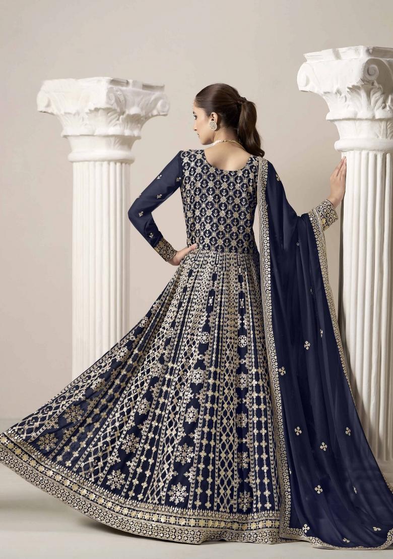 Navy Blue Sequins Work Georgette Dress Material