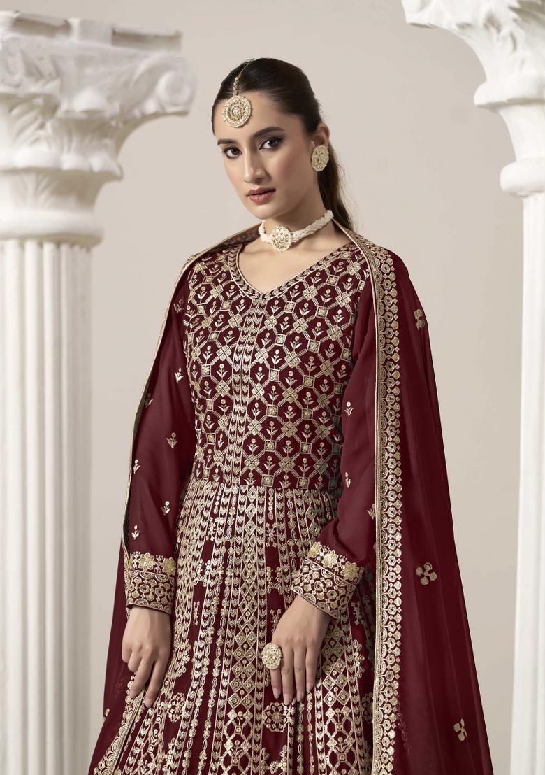 Maroon Sequins Work Georgette Dress Material