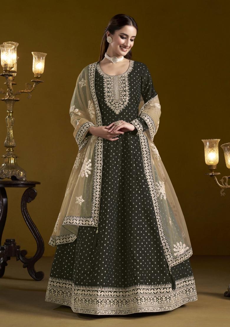 Black Booti Work Chanderi Dress Material