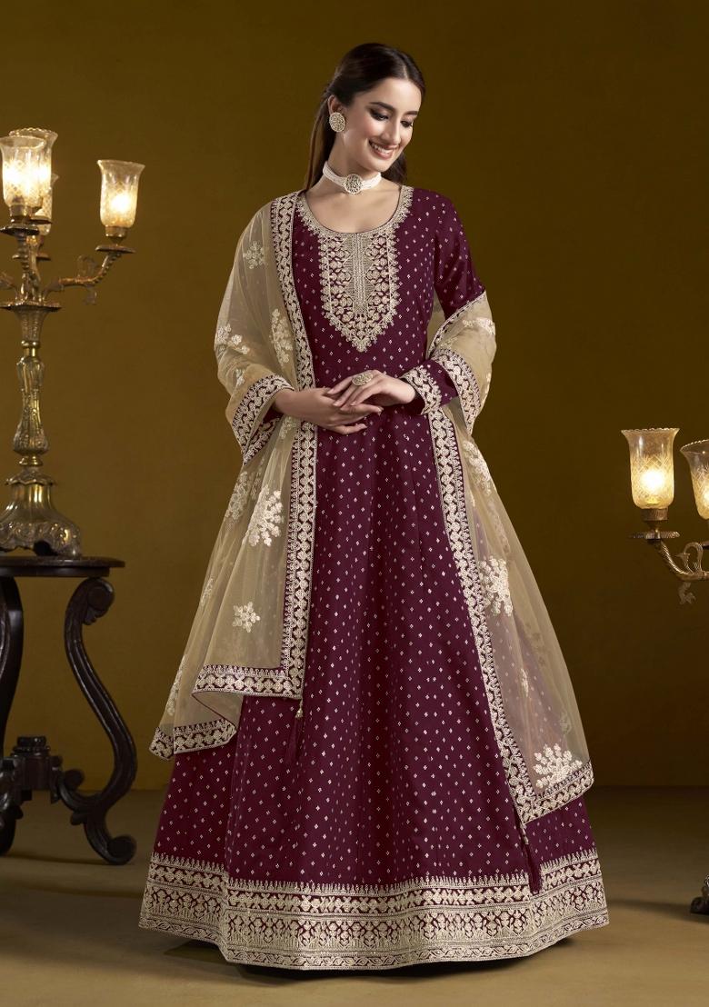 Wine Booti Work Chanderi Dress Material
