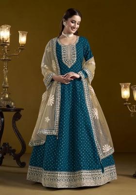 Blue Booti Work Chanderi Dress Material