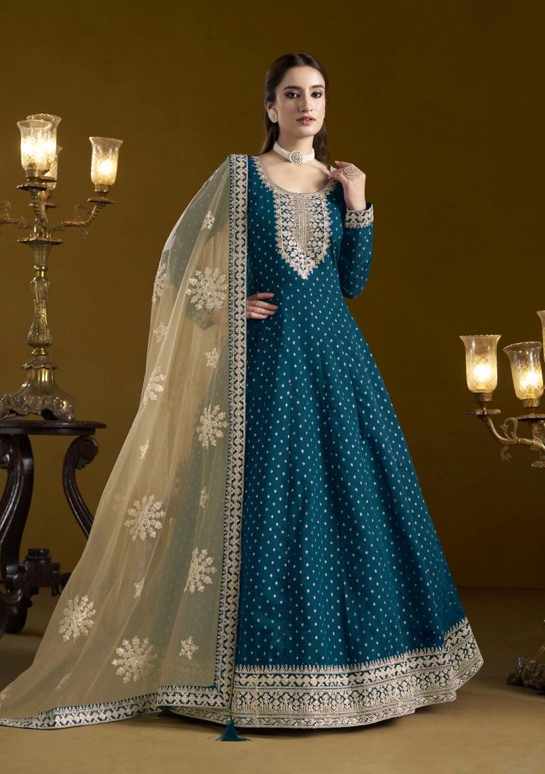 Blue Booti Work Chanderi Dress Material