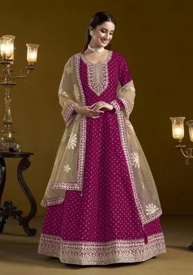 Rani Pink Booti Work Chanderi Dress Material
