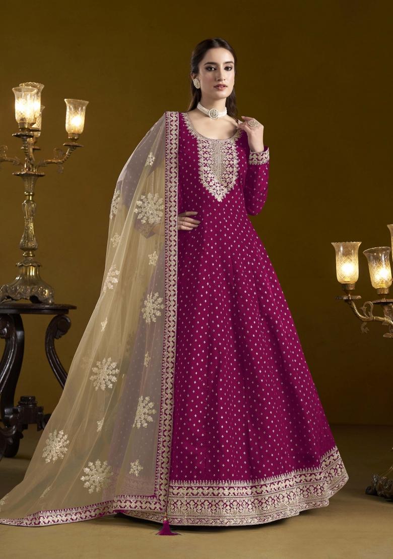 Rani Pink Booti Work Chanderi Dress Material