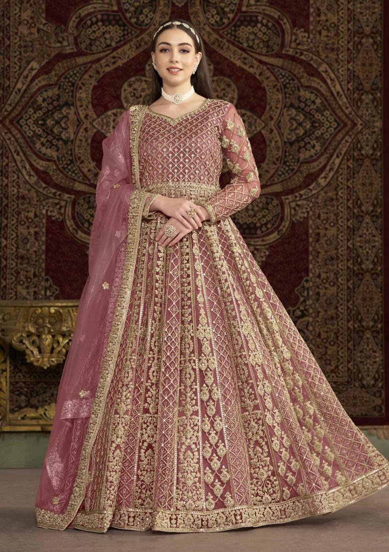 Pink Thread Work Net Dress Material