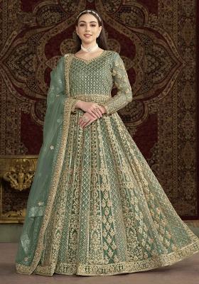 Sea Green Thread Work Net Dress Material