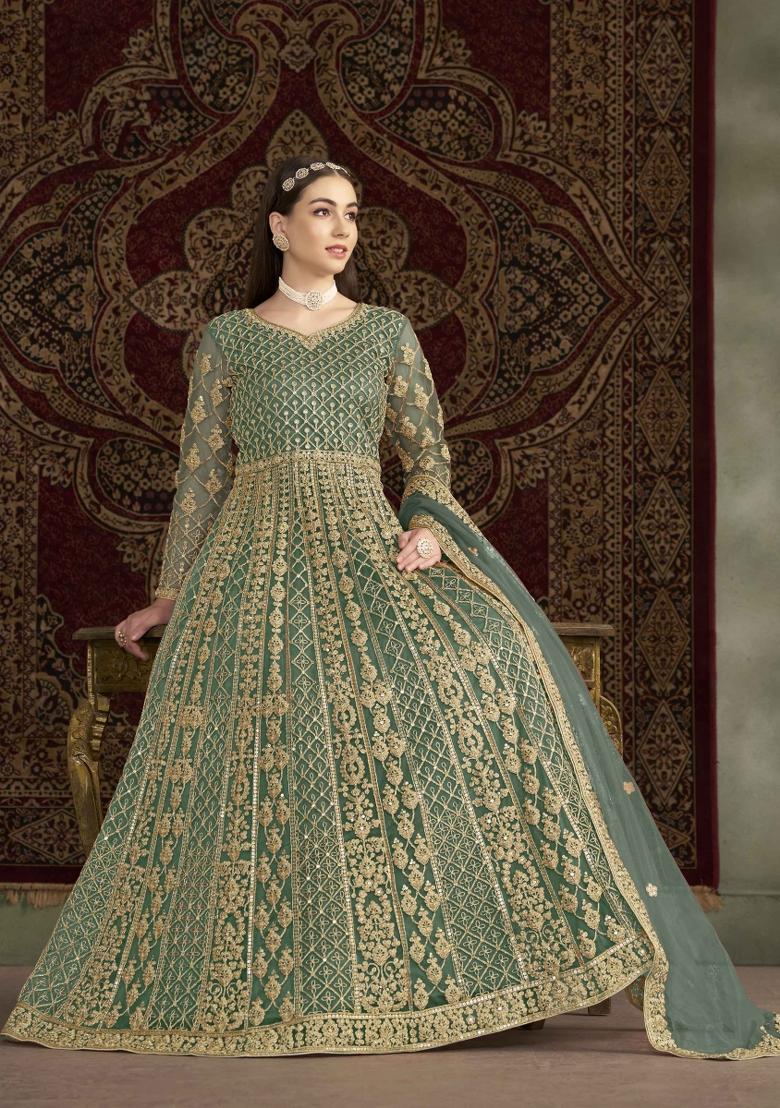 Sea Green Thread Work Net Dress Material