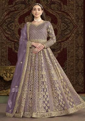 Purple Thread Work Net Dress Material