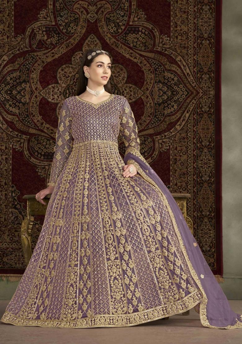 Purple Thread Work Net Dress Material